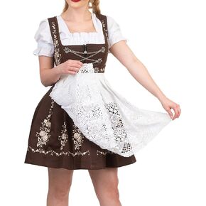 Dirndl Trachten Haus Short Brown Authentic German Dirndl Dress for Oktoberfest with Lace Apron & Top