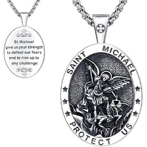Oval St Michael Medal Necklace for Men Women, 925 Sterling Silver Patron Saint of Courage and Protection Medal Pendant Amulet Religious Jewelry Gifts