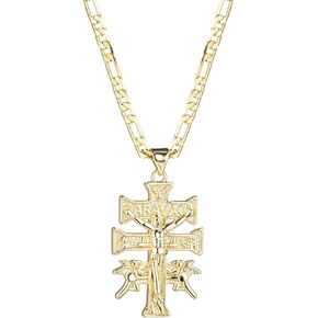 kelistom 14K Gold Silver Tone Stainless Steel Catholic Caravaca Crucifix Cross Charm Pendant with Cherub Angel Necklace for Women Men 3mm Flat Figaro Chain Necklace