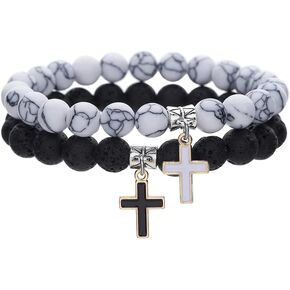 Matte Lava Rock Beaded Couple Bracelet Set for Women Men Black White 8mm Howlite Natural Volcanic Stone Matching Beads Elastic Cross Pendant Stretch Bracelets Religion Charm Friendship BFF Jewelry Gifts