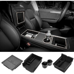 ACLONG Center Console Organizer Tray Compatible with Tesla Model Y 2021 2022 2023 2024 Fit for Tesla Model 3 2021 2022 2023 Armrest Hidden Drawer Storage Box Cup Holder Flocked Design-4PCS