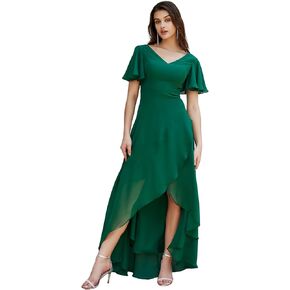 V Neck Chiffon Womens Formal Dresss, High Low Ruffle Formal Wedding Guest Dress with Sleeves & Lace Up Back