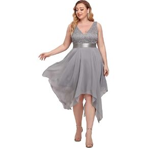 Ever-Pretty V Neck Chiffon Lace Asymmetric Plus Size Knee Length Summer Formal Cocktail Dresses for Curvy Women 00207-DAPH