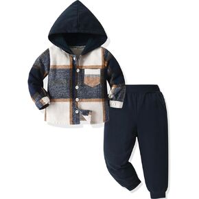 Boys Clothing Sets Toddler Plaid Outfits Flannel Hooded Tops + Sweatpants Kids Fall Clothes Set