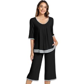 NACHILA Women's Pajamas Set-Viscose Made from Bamboo, 3/4 Sleeve Pjs Cool Sleepwear with Capri Pants Sets Soft Loungewear