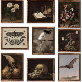 Whaline 9Pcs Dark Academia Wall Art Prints Vintage Wall Decor Witch on Broomstick Floral Skull Gothic Home Decor Wall Art for Halloween Gallery Wall Home Living Room Bedroom Decor (UNFRAMED)