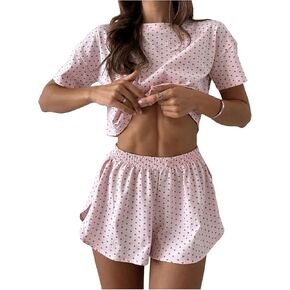 OYOANGLE Women's Cute Heart Print Pajama Sets Crew Neck Short Sleeve T Shirt and Elastic Waist Shorts Loungewear