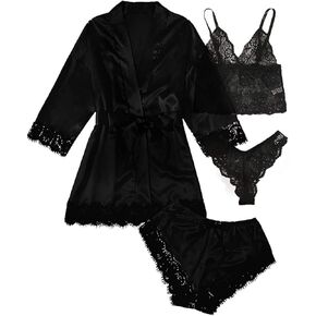 EUBUY 4 Pieces Women Nightgown Set, Lace Women Nightgown with Robe, Soft Comfy Pajamas Sleepwear Nightwear for Women Red