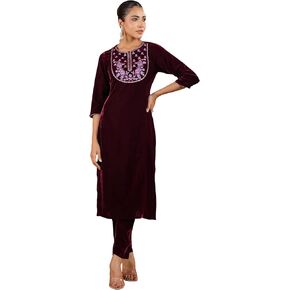 Janasya Indian Women's Wine Velvet Yoke Embroidery Straight Kurta Set