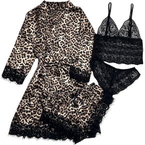 WDIRARA Women's 4 Piece Leopard Print Silk Satin Pajama Set V Neck Lace Cami Top Shorts Sleepwear with Belted Robe