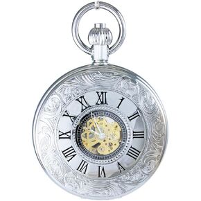 OGLE Waterproof Chain Black Silver Roman Fob Self Winding Automatic Skeleton Mechanical Pocket Watch
