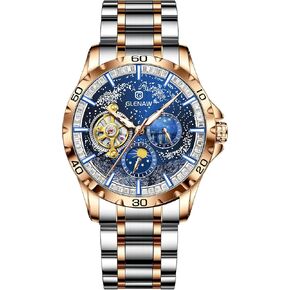 Men's Automatic Watch, Men's Starry Sky Watch Stainless Steel Strap Skeleton Self-Winding Mechanical Watch Sun, Moon and Stars Watch, Ideal Choice for Gifts