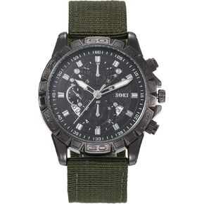 JewelryWe Men's Military Green Dial Nylon Strap Quartz Calendar Wrist Watch Night Vision Luminous Wristwatch for Christmas