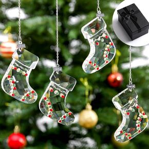 4 Pcs 2024 Christmas Stocking Crystal Ornaments Clear Faceted Rhinestones Christmas Stocking Decorations with Gift Box Tree Fireplace Window Room Hanging Decor