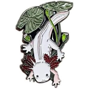 Axolotl Pin Brooch, Salamander Enamel Pin, White Axolotl Under Green Leaves Pin, 1 Inch Tall