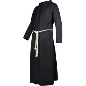PAINEOMN Monk Costume Robe Black Hooded Uniform with Cord Belt for Mens Halloween Cosplay Suit