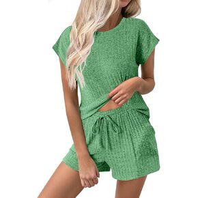 بيجامة Ekouaer للنساء مجموعة صالة مضلعة بأكمام قصيرة وسروال قصير ملابس نوم مع جيوب S-XXL