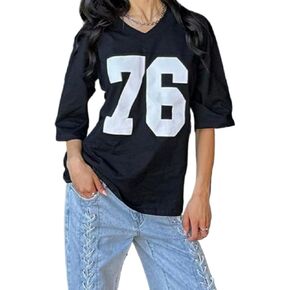Monkay Relaxed Fit Jersey Shirts for Women - Y2k Number and Star Graphic Short Sleeves Striped Shirt Women, V Neck Streetwear