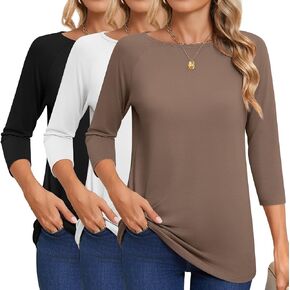 Huukeay 3 Pack 3/4 Sleeve Tops for Women, Boat Neck Fall Casual Loose Fit Tunic Ladies Trendy Basic Tees Shirts