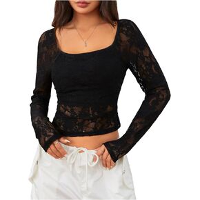 SOLY HUX Women's Lace Sheer Long Sleeve Shirts Y2K Slim Fit Crop Top Sexy Square Neck Tees Streetwear