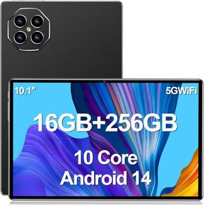 Tablet 10.1 inch Android 14 Tablets, 16GB RAM 256GB ROM,16MP+32MP Camera,10 Core Tablet PC, 2560 * 1600 HD Touch Screen,Smart-K Dual Speakers, 10000mAh, GPS, WiFi (Black) ﻿