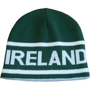 Knitted Green Beanie Hat with Ireland Lettering in White