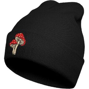 Black Mushroom Beanie Hat Winter Embroidered Knit Cap for Men Women