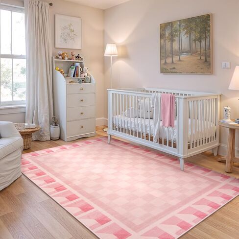 Morebes Checkered 5x7 Pink Rugs for Bedroom Girls Non Slip, Washable Soft Nursery Rug for Living Room, Boho Modern Low-Pile Floor Indoor Throw Carpet for Dining Room Dorm Playroom in Saudi Arabia