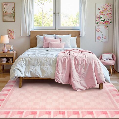 Morebes Checkered 5x7 Pink Rugs for Bedroom Girls Non Slip, Washable Soft Nursery Rug for Living Room, Boho Modern Low-Pile Floor Indoor Throw Carpet for Dining Room Dorm Playroom in Saudi Arabia