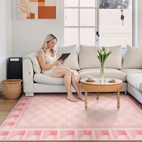 Morebes Checkered 5x7 Pink Rugs for Bedroom Girls Non Slip, Washable Soft Nursery Rug for Living Room, Boho Modern Low-Pile Floor Indoor Throw Carpet for Dining Room Dorm Playroom in Saudi Arabia