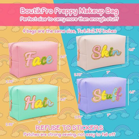 4PCS Premium Preppy Makeup Bag Set w Zipper, Handwritting Waterproof Cosmetic Bag for Women, Cute Preppy Patch Toiletry Bag for Traveling Outdoors, Gift Ideal for Mom Sister Daughter (4PCS) in Saudi Arabia