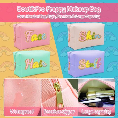 4PCS Premium Preppy Makeup Bag Set w Zipper, Handwritting Waterproof Cosmetic Bag for Women, Cute Preppy Patch Toiletry Bag for Traveling Outdoors, Gift Ideal for Mom Sister Daughter (4PCS) in Saudi Arabia