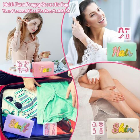 4PCS Premium Preppy Makeup Bag Set w Zipper, Handwritting Waterproof Cosmetic Bag for Women, Cute Preppy Patch Toiletry Bag for Traveling Outdoors, Gift Ideal for Mom Sister Daughter (4PCS) in Saudi Arabia
