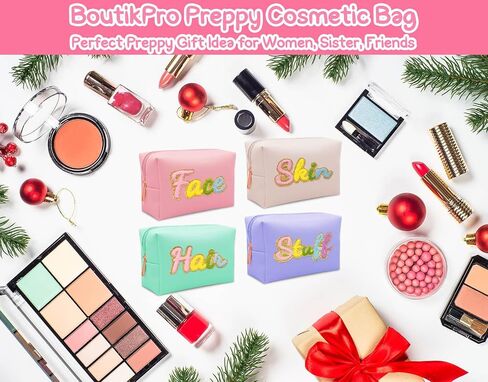 4PCS Premium Preppy Makeup Bag Set w Zipper, Handwritting Waterproof Cosmetic Bag for Women, Cute Preppy Patch Toiletry Bag for Traveling Outdoors, Gift Ideal for Mom Sister Daughter (4PCS) in Saudi Arabia