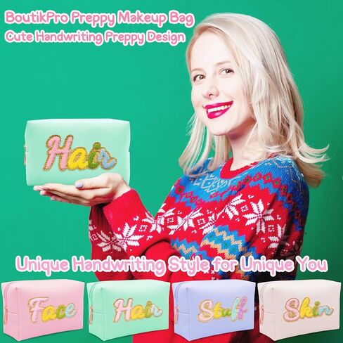 4PCS Premium Preppy Makeup Bag Set w Zipper, Handwritting Waterproof Cosmetic Bag for Women, Cute Preppy Patch Toiletry Bag for Traveling Outdoors, Gift Ideal for Mom Sister Daughter (4PCS) in Saudi Arabia