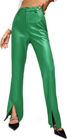 WDIRARA Women's High Waist Pockets Straight Leg Jeans Leather Look Leather Slit Hem Flare Bell Zipper Pants in Saudi Arabia