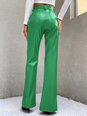 WDIRARA Women's High Waist Pockets Straight Leg Jeans Leather Look Leather Slit Hem Flare Bell Zipper Pants in Saudi Arabia