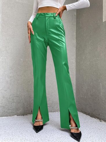 WDIRARA Women's High Waist Pockets Straight Leg Jeans Leather Look Leather Slit Hem Flare Bell Zipper Pants in Saudi Arabia