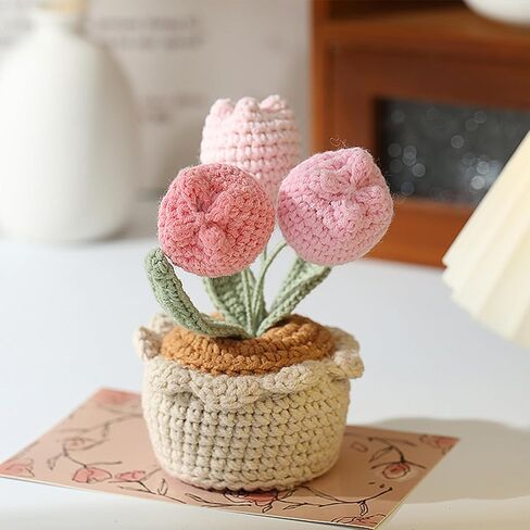 Tulips Crochet Flowers Potted Plants, Three Tulips in One Artificial Flower, Knitted Flowers Desk Home Decor, Forever Tulips Gifts for Mother's Day, Valentine's Day, Thanksgiving (Pink) in Kuwait