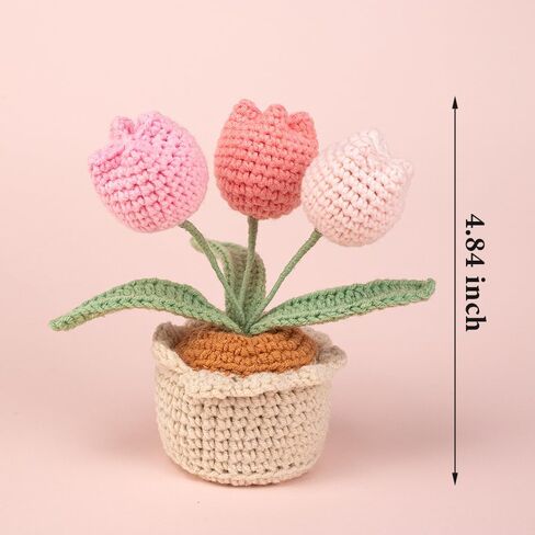Tulips Crochet Flowers Potted Plants, Three Tulips in One Artificial Flower, Knitted Flowers Desk Home Decor, Forever Tulips Gifts for Mother's Day, Valentine's Day, Thanksgiving (Pink) in Kuwait