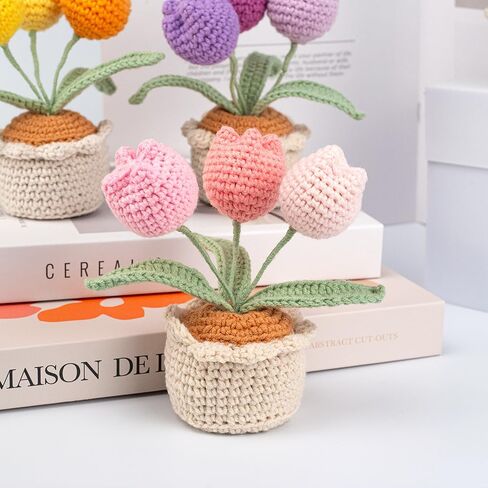 Tulips Crochet Flowers Potted Plants, Three Tulips in One Artificial Flower, Knitted Flowers Desk Home Decor, Forever Tulips Gifts for Mother's Day, Valentine's Day, Thanksgiving (Pink) in Kuwait