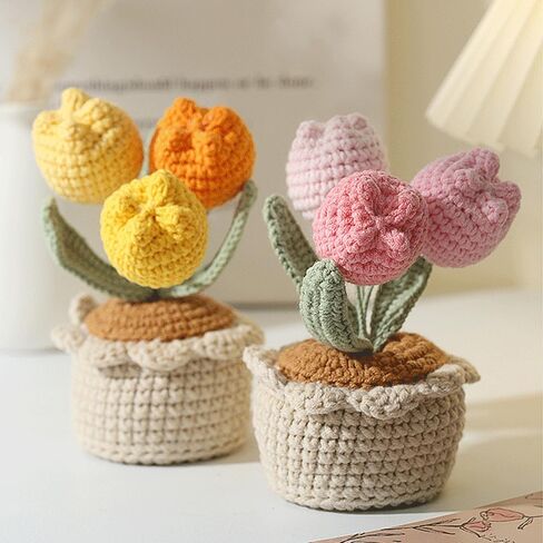 Tulips Crochet Flowers Potted Plants, Three Tulips in One Artificial Flower, Knitted Flowers Desk Home Decor, Forever Tulips Gifts for Mother's Day, Valentine's Day, Thanksgiving (Pink) in Kuwait