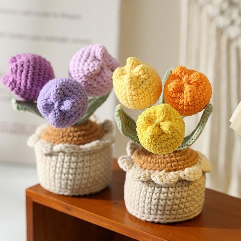 Tulips Crochet Flowers Potted Plants, Three Tulips in One Artificial Flower, Knitted Flowers Desk Home Decor, Forever Tulips Gifts for Mother's Day, Valentine's Day, Thanksgiving (Pink) in Kuwait