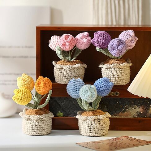 Tulips Crochet Flowers Potted Plants, Three Tulips in One Artificial Flower, Knitted Flowers Desk Home Decor, Forever Tulips Gifts for Mother's Day, Valentine's Day, Thanksgiving (Pink) in Kuwait