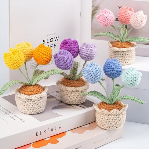 Tulips Crochet Flowers Potted Plants, Three Tulips in One Artificial Flower, Knitted Flowers Desk Home Decor, Forever Tulips Gifts for Mother's Day, Valentine's Day, Thanksgiving (Pink) in Kuwait