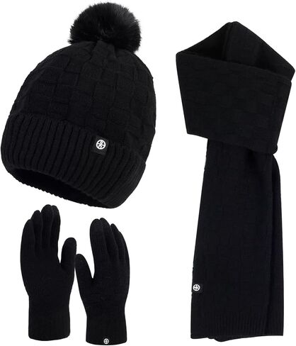 الشتاء قبعة قفازات وشاح مجموعة للنساء محبوك قفازات لمس الأوشحة الطويلة مع قبعات الجمجمة مبطنة بالصوف in Kuwait