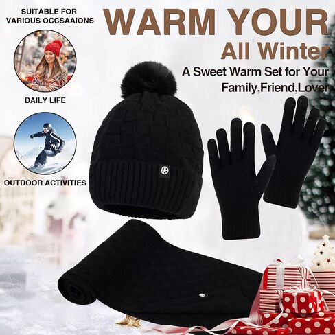 الشتاء قبعة قفازات وشاح مجموعة للنساء محبوك قفازات لمس الأوشحة الطويلة مع قبعات الجمجمة مبطنة بالصوف in Kuwait