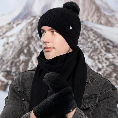 الشتاء قبعة قفازات وشاح مجموعة للنساء محبوك قفازات لمس الأوشحة الطويلة مع قبعات الجمجمة مبطنة بالصوف in Kuwait