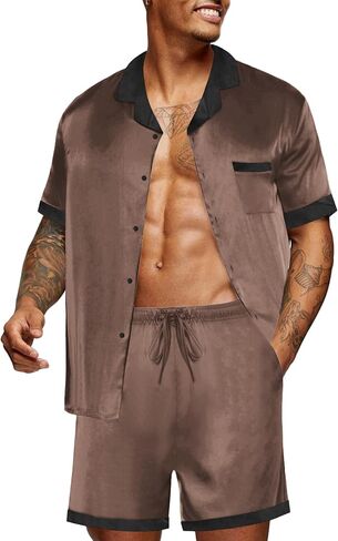 Ekouaer Men Satin Silk Pajamas Set with Pockets Sleepwear Shorts Satin Summer Loungewear 2 Piece Button Down Set S-XXL in Kuwait