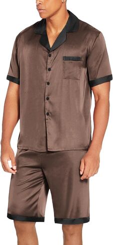 Ekouaer Men Satin Silk Pajamas Set with Pockets Sleepwear Shorts Satin Summer Loungewear 2 Piece Button Down Set S-XXL in Kuwait